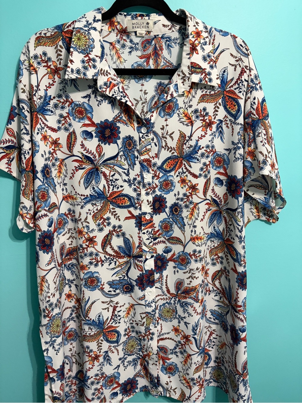 Molly Bracken White Floral Button-Up Tunic length - Blue & Orange Print